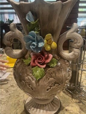 Handcrafted Floral Ceramic Vase in Brown with Multicolor Flowers